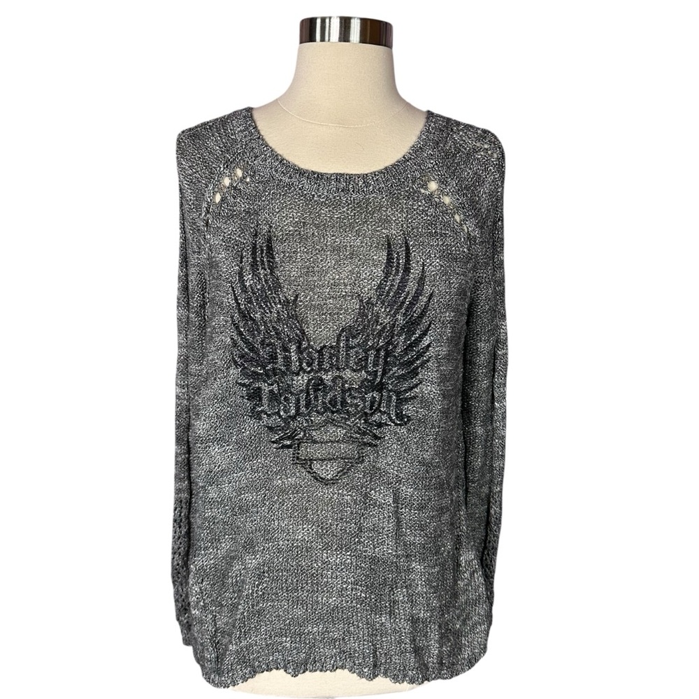 Harley Davidson Gray Open Knit Cotton Acrylic Scoop Neck Oversized Sweater Small